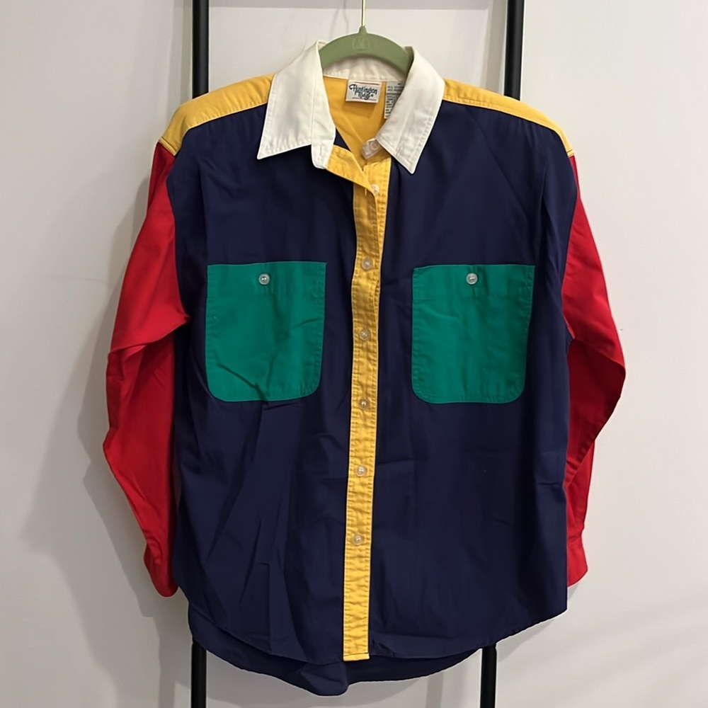 Vintage Huntington Ridge Color Block Long Sleeve Shirt Button Down Women Size M